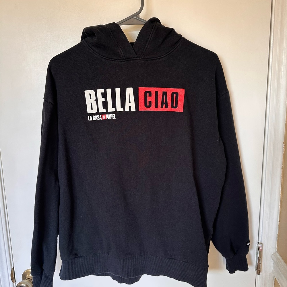 Pull&Bear Black Hoodie with Red and White Bella Ciao Graphic